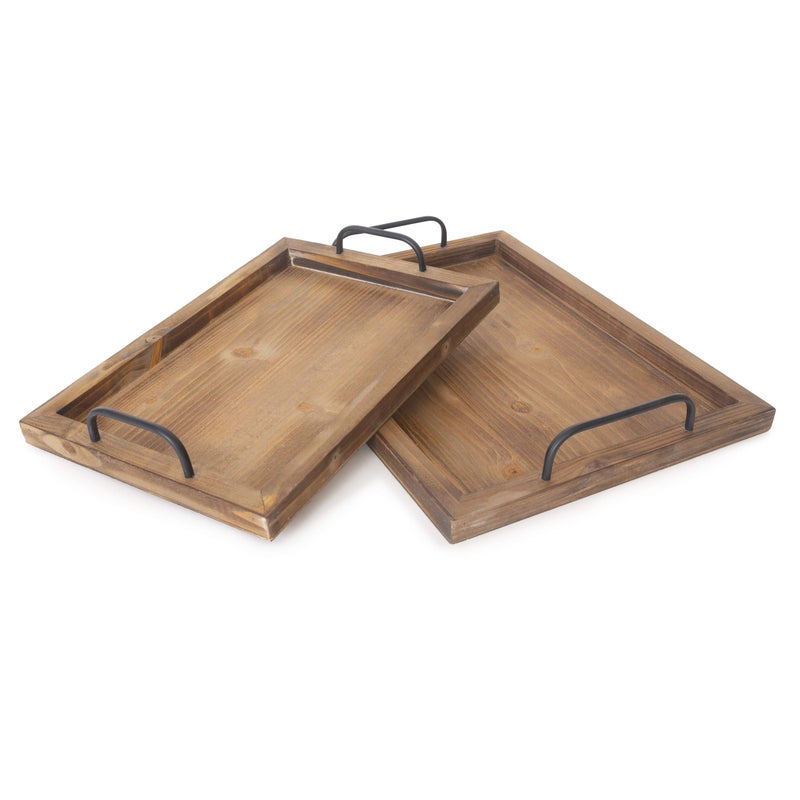 Besti Rustic Vintage Food Serving Trays (Set of 2) | Nesting Wooden Board with Metal Handles | Stylish Farmhouse Decor Serving Platters | Large: 15 x2 x11 - Small: 13 x2 x9 inches (Rustic Burnt) - Image 2